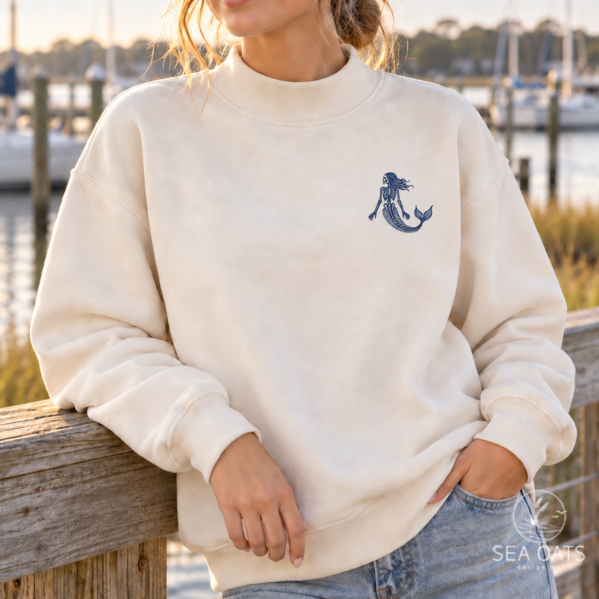Embroidered Mermaid Skeleton Halloween Sweatshirt