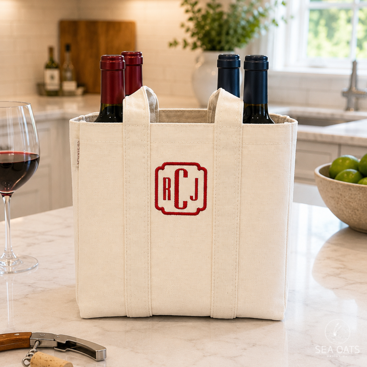 Monogrammed Four Bottle Wine Tote Bag