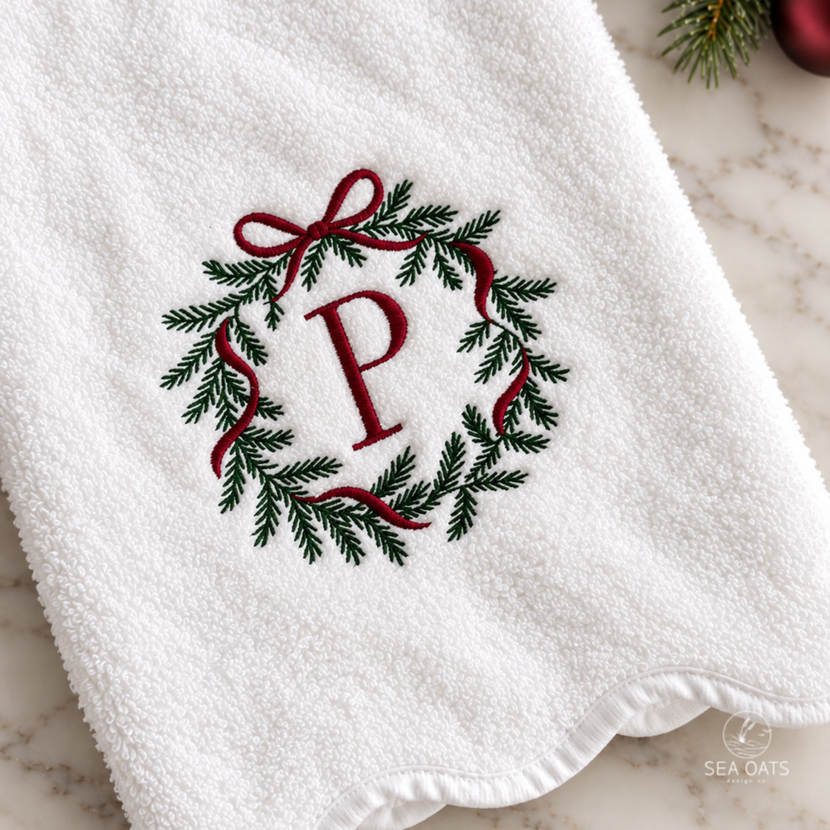 Monogrammed Christmas Scallop Hand Towel