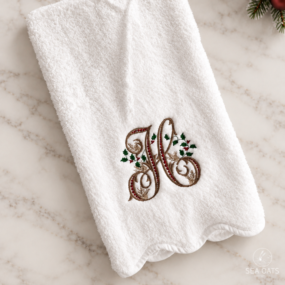 Monogrammed Christmas Initial Scallop Hand Towel