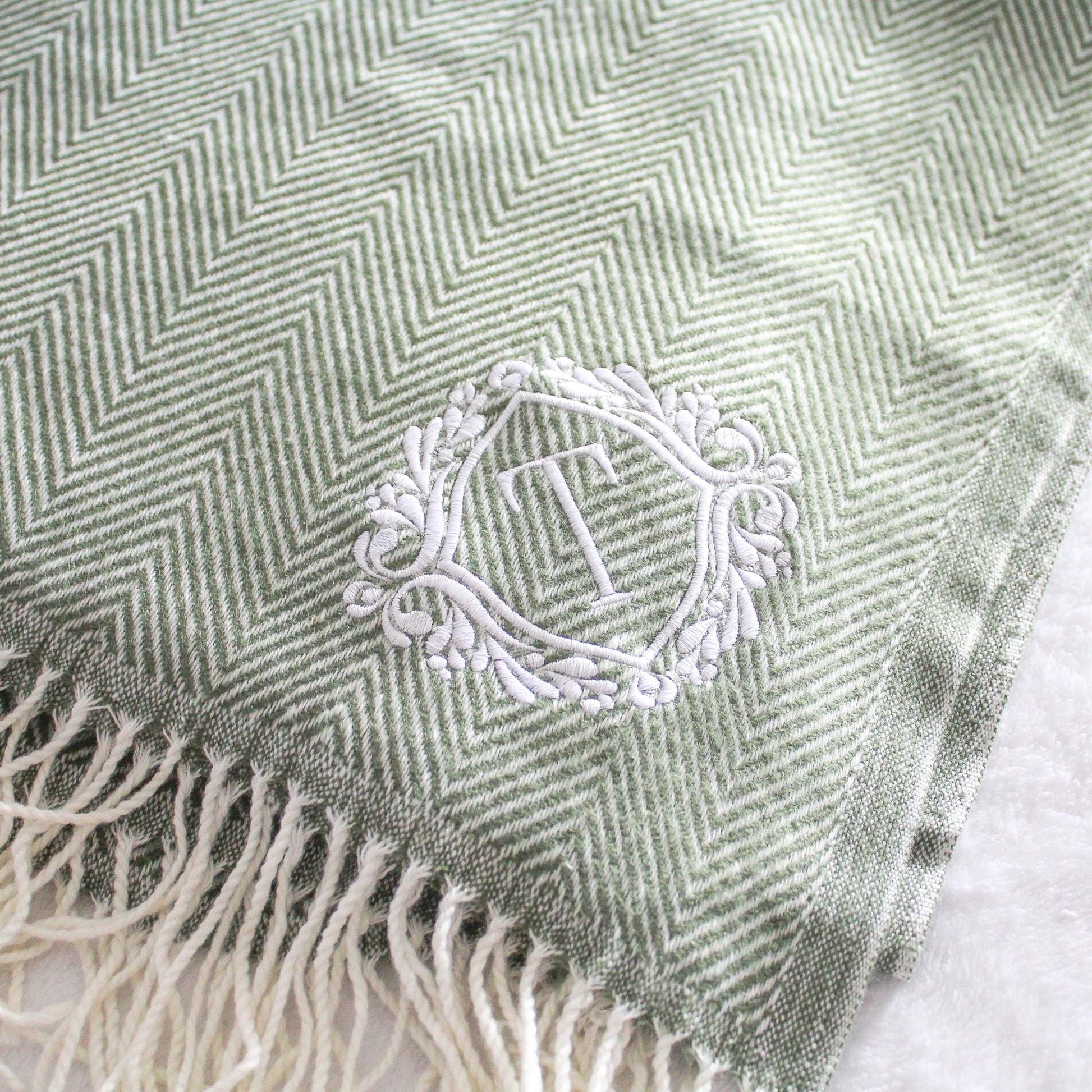 Personalized Faux Cashmere Herringbone Decorative Fringe Throw Blanket | Lightweight | Personalized Gift | Housewarming Gift | Wedding Gift