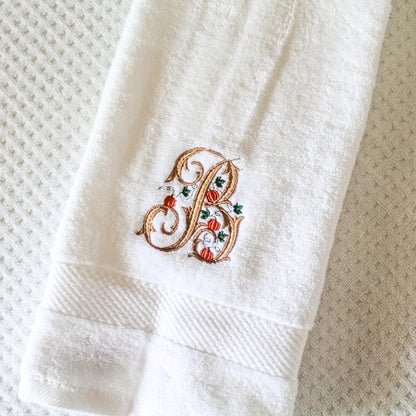 Embroidered Pumpkin Monogrammed Hand Towel | Fall Kitchen Towel | Thanksgiving Hostess Gift | Autumn Bathroom Decor | Monogram Guest Towel