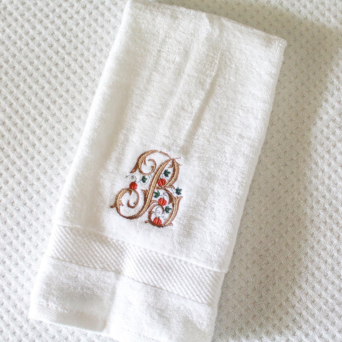 Embroidered Pumpkin Monogrammed Hand Towel | Fall Kitchen Towel | Thanksgiving Hostess Gift | Autumn Bathroom Decor | Monogram Guest Towel