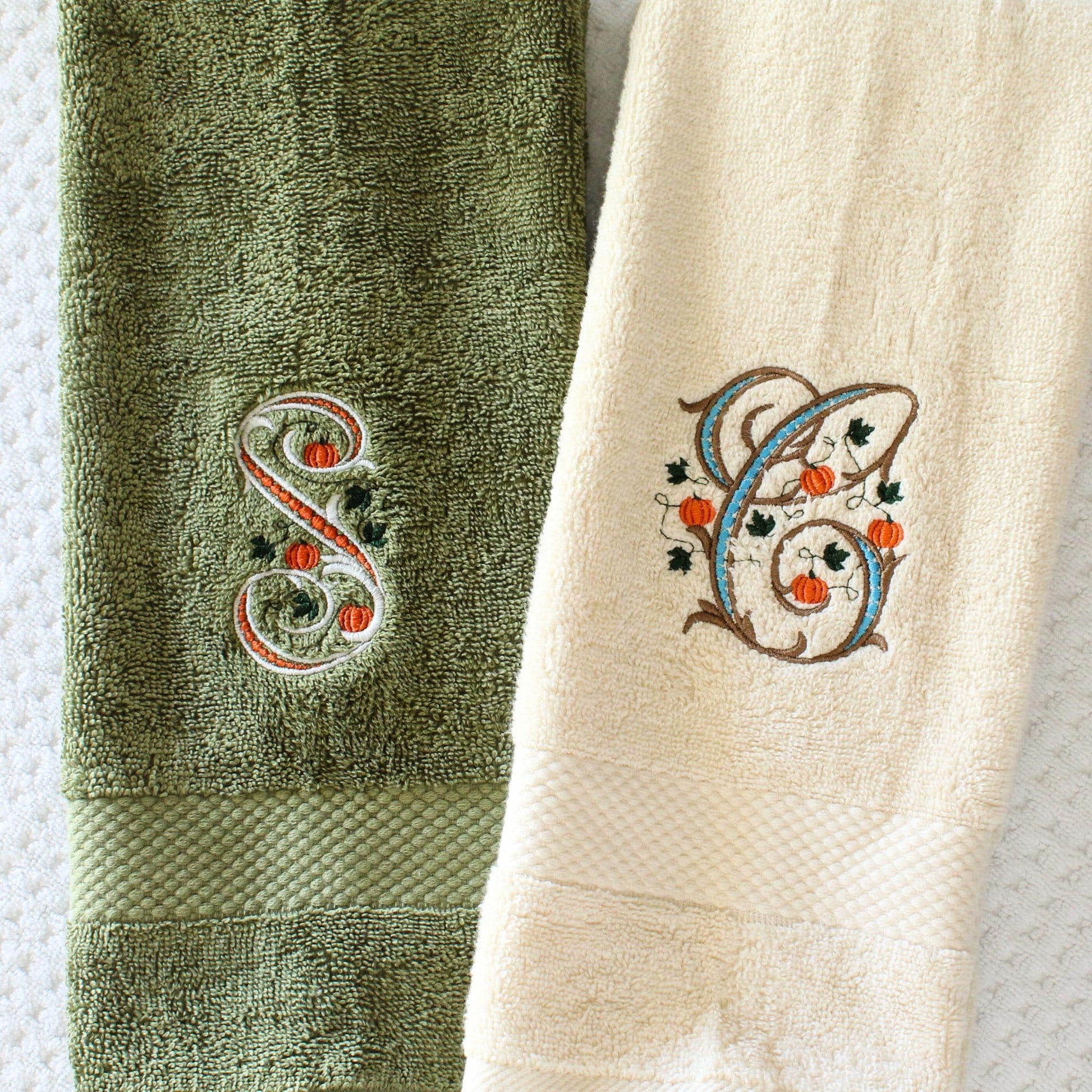 Embroidered Pumpkin Monogrammed Hand Towel | Fall Kitchen Towel | Thanksgiving Hostess Gift | Autumn Bathroom Decor | Monogram Guest Towel
