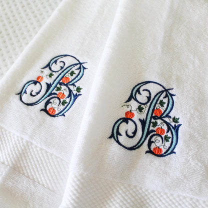 Embroidered Pumpkin Monogrammed Hand Towel | Fall Kitchen Towel | Thanksgiving Hostess Gift | Autumn Bathroom Decor | Monogram Guest Towel