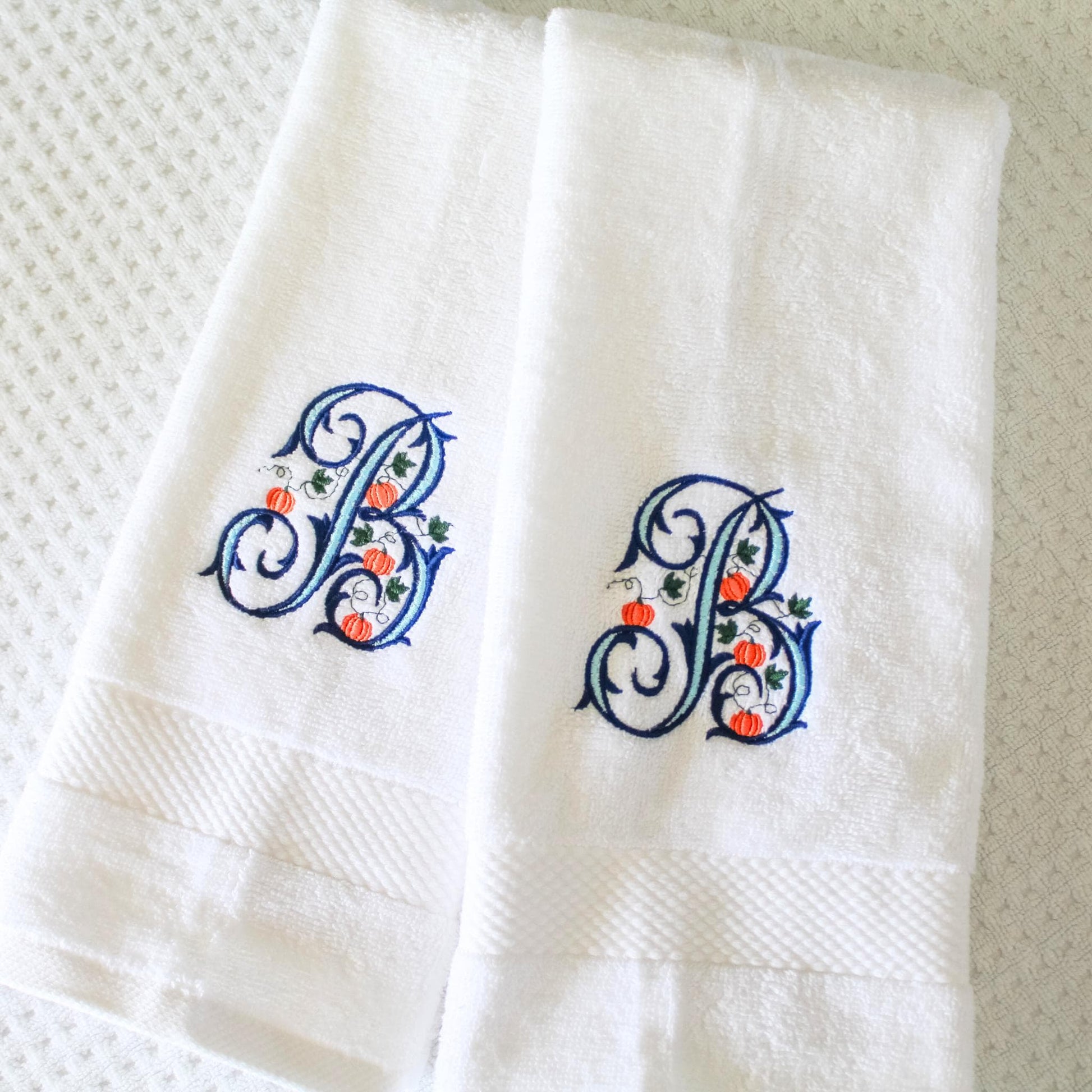 Embroidered Pumpkin Monogrammed Hand Towel | Fall Kitchen Towel | Thanksgiving Hostess Gift | Autumn Bathroom Decor | Monogram Guest Towel