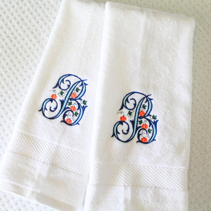Embroidered Pumpkin Monogrammed Hand Towel | Fall Kitchen Towel | Thanksgiving Hostess Gift | Autumn Bathroom Decor | Monogram Guest Towel