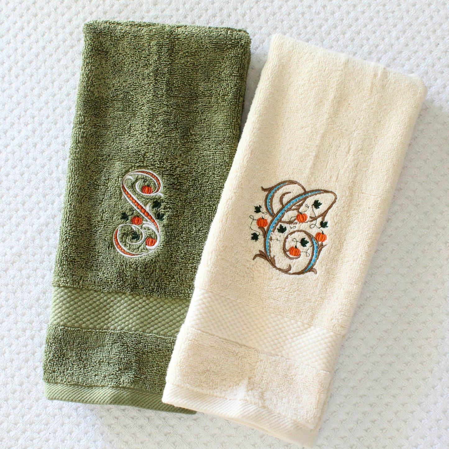 Embroidered Pumpkin Monogrammed Hand Towel | Fall Kitchen Towel | Thanksgiving Hostess Gift | Autumn Bathroom Decor | Monogram Guest Towel